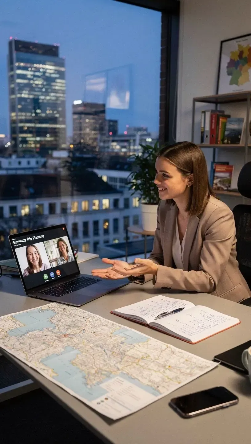 Beratungsszene mit Kunde und Reiseexperte in modernem Büro, fokussiert auf maßgeschneiderte Reiseerlebnisse.